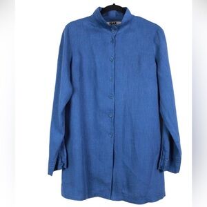 Flax mock neck long sleeve blue Linen blouse size Medium